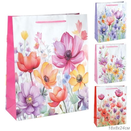 Пакет подарочный 18x24x7см Цветы / 343S /уп 12/1500/микс/128г/м2