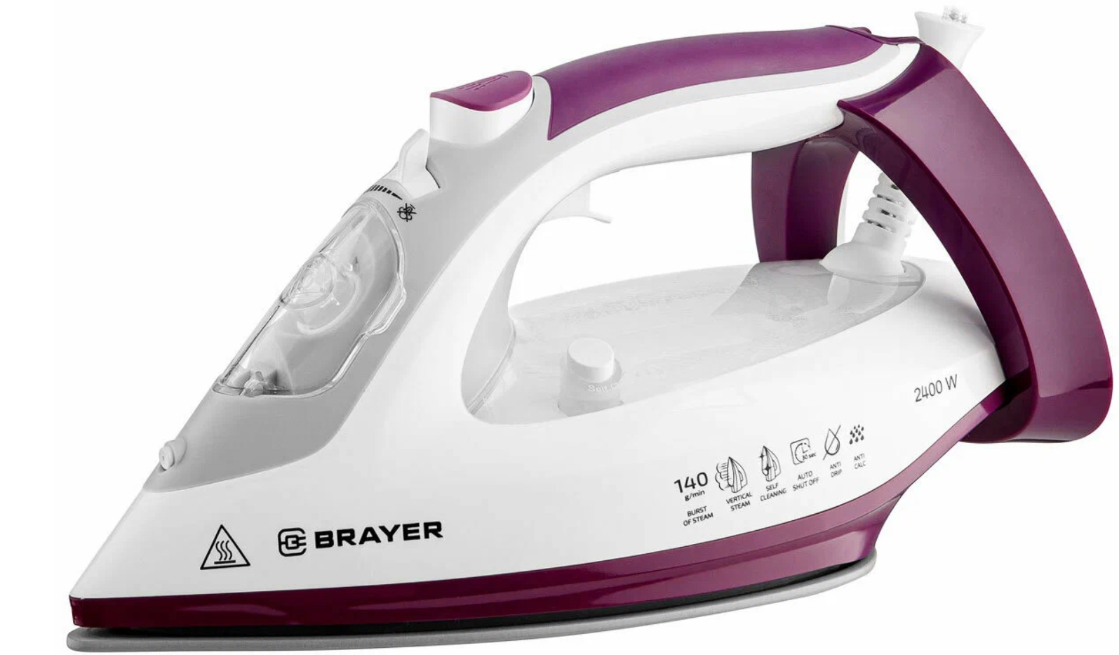 Утюг BRAYER BR4009, 2400 Вт, керамич, пар 140 г/мин, антикапля, разбрызг, 280 мл, верт отпарив.