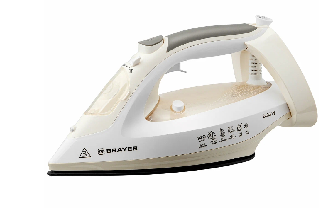 Утюг BRAYER BR4014, бежевый, 2400 Вт, 280 мл, 140 г/мин, керам.подошва, антикап, разбрызг,паровой.