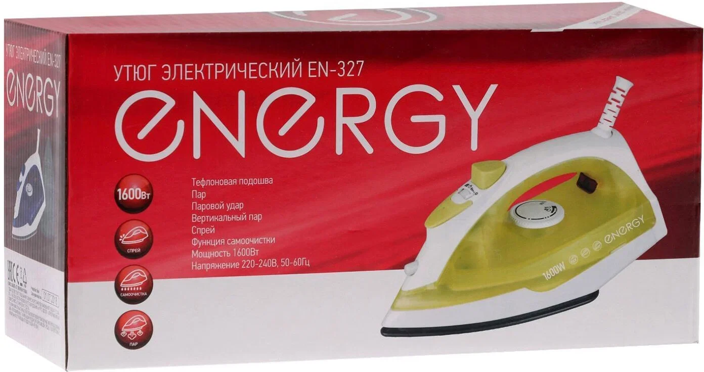 Утюг ENERGY EN-327 желтый (1600Вт, пар, спрей, пар.удар, самооч., тефлоновая подошва)