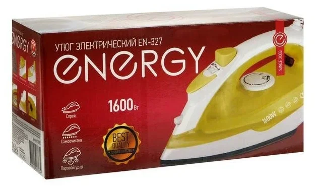 Утюг ENERGY EN-327 желтый (1600Вт, пар, спрей, пар.удар, самооч., тефлоновая подошва)