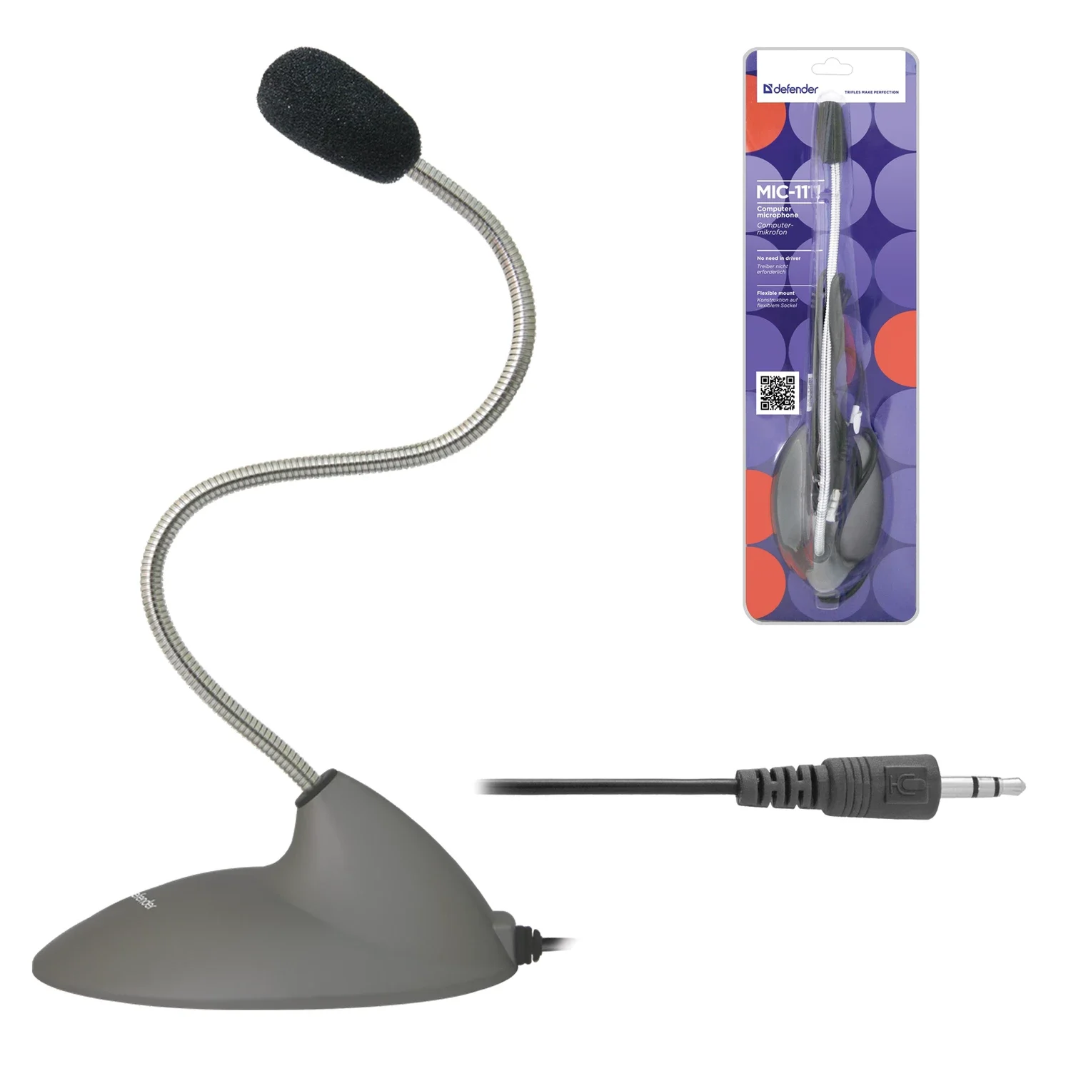 Defender Микрофон компьютерный MIC-111 серый, гибкий, кабель 1,5 м.