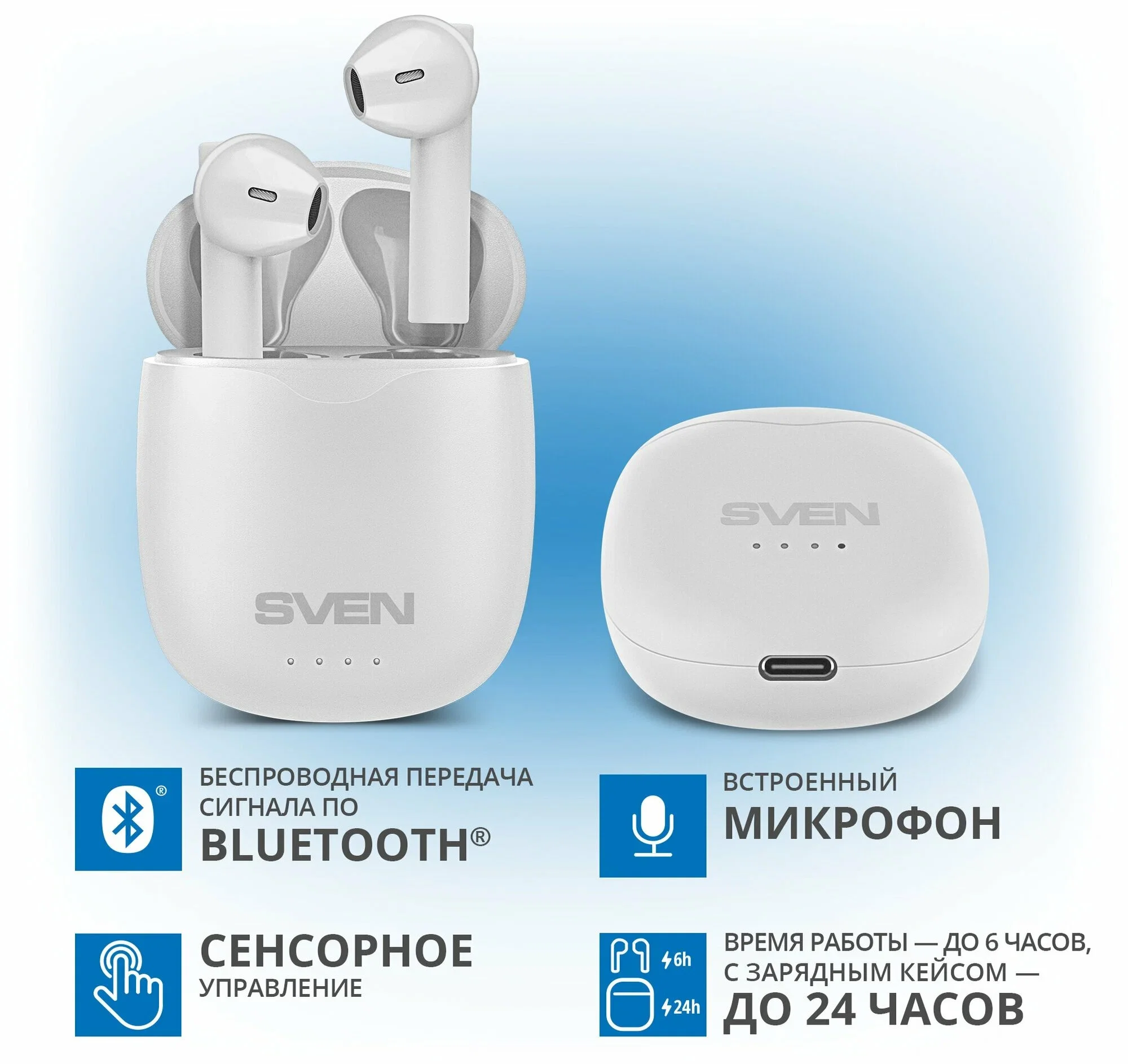 SVEN Наушники беспроводные внутриканальные с микрофоном E-727BT, белый (Bluetooth, TWS)