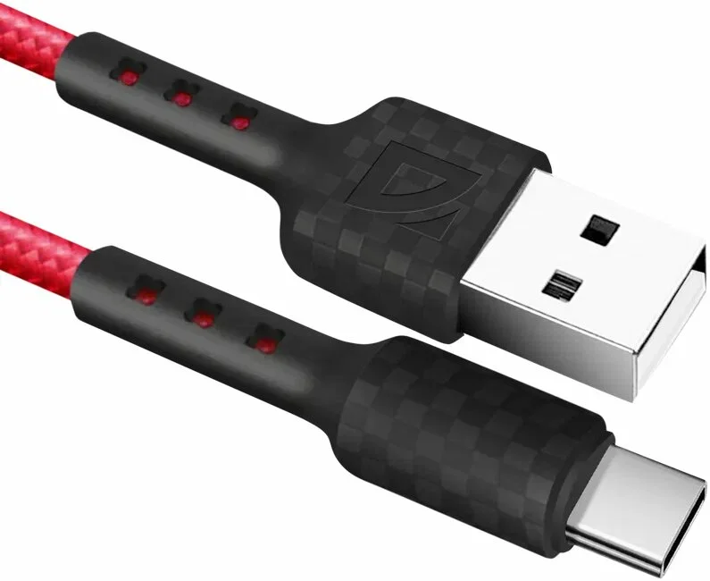 Defender Кабель F181, USB 2.0 (AM) - Type C, 1метр, 2.4А, нейлоновая оплетка, красный.
