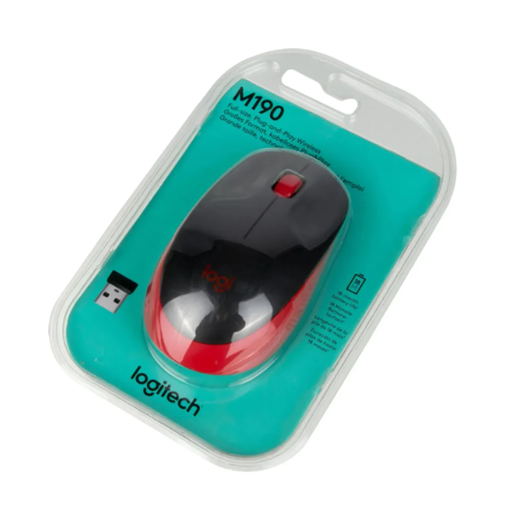 Мышь беспроводная Logitech M190 черный/красный, 1000 dpi, радиоканал, USB, кнопки - 3