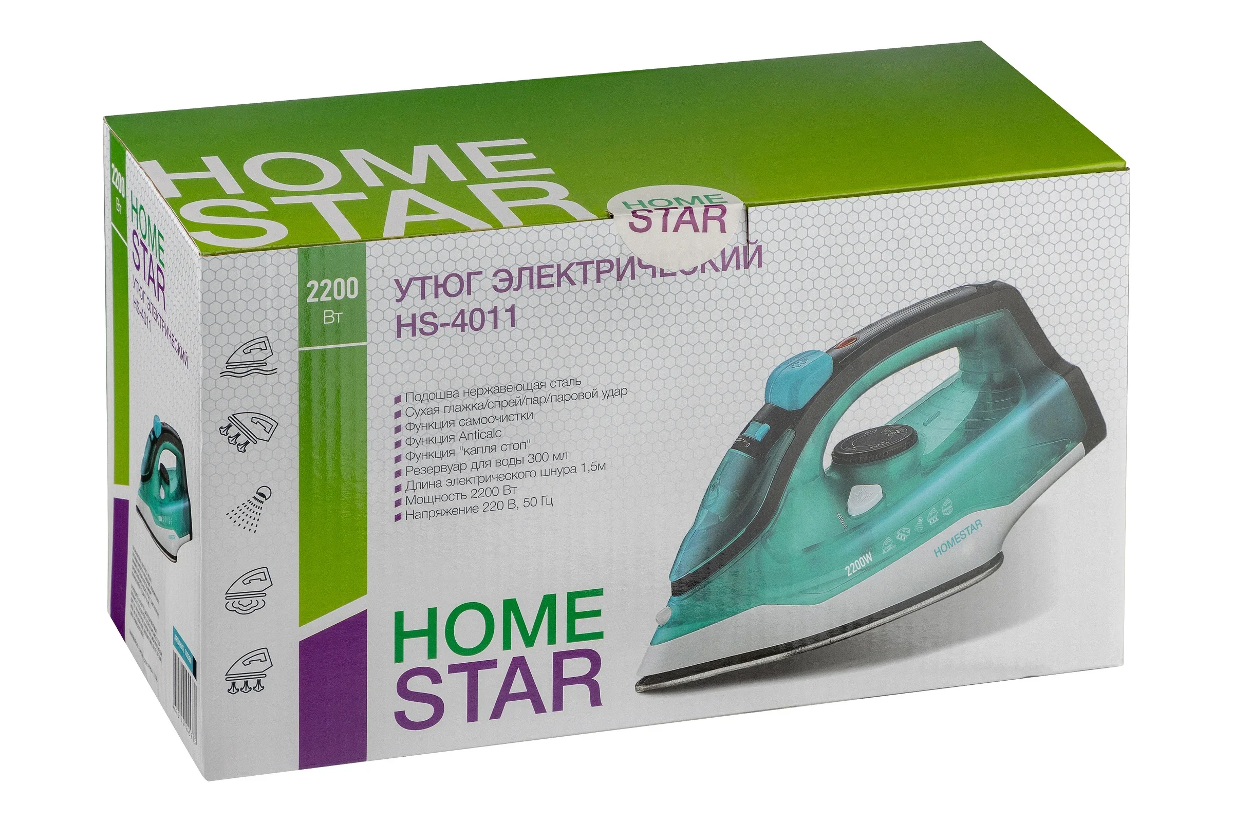 Утюг HomeStar HS-4008 бело-зеленый (2000Вт, пар, тефлоновая подошва, антинакипь)