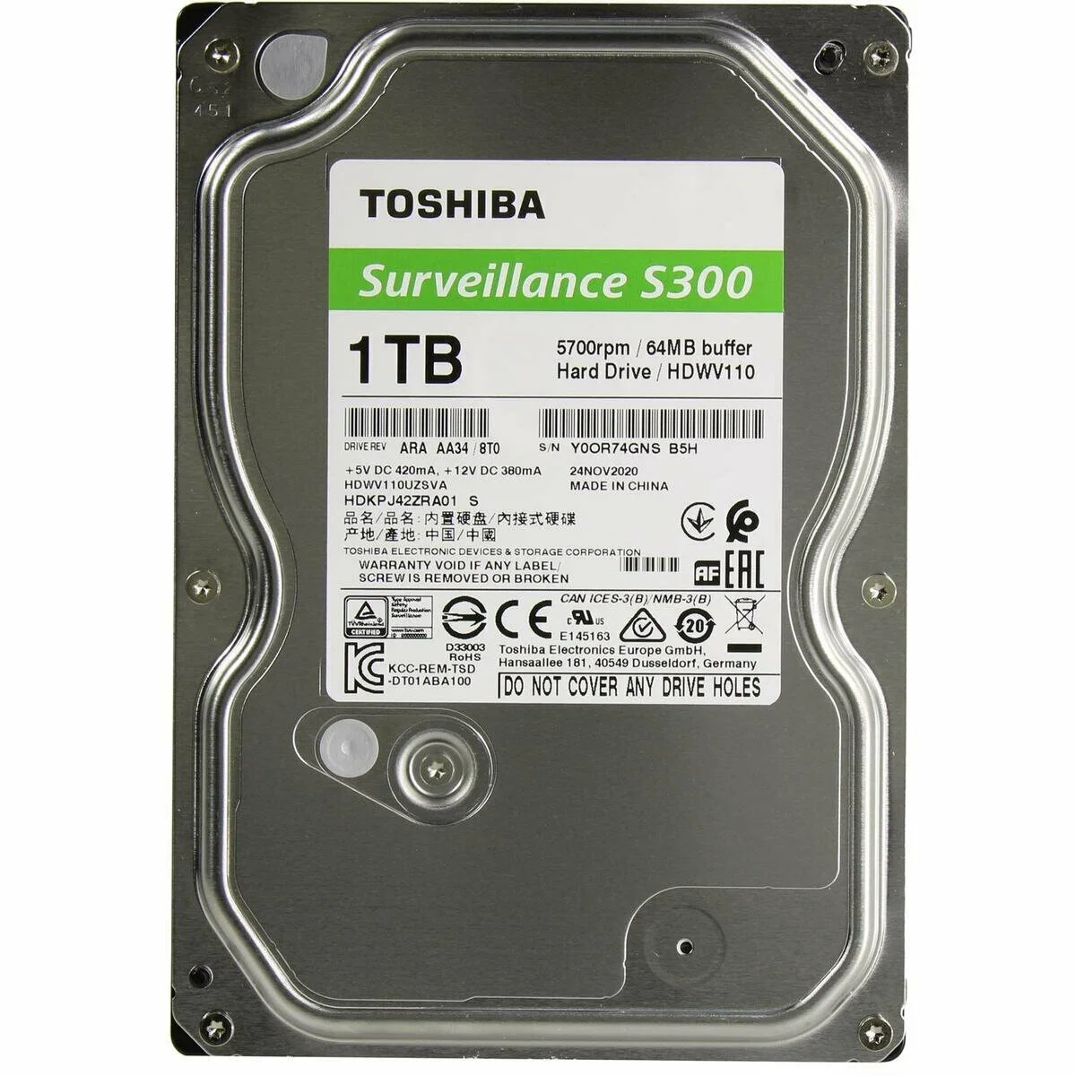 Жесткий диск Toshiba SATA-III 1Tb HDWV110UZSVA Surveillance S300 (5700rpm) 64Mb 3.5"