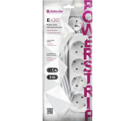 Defender Удлинитель с заземлением E430 3.0 м, 4 розетки