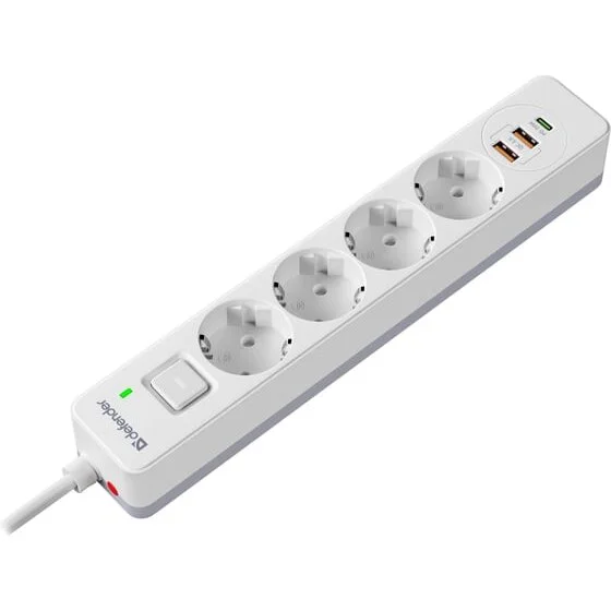 Defender Удлинитель с сетевым фильтром DFS 141, белый, 4розетки, USB+TypeC, 1.5 м.