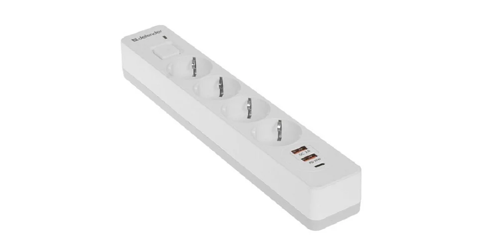 Defender Удлинитель с сетевым фильтром DFS 141, белый, 4розетки, USB+TypeC, 1.5 м.