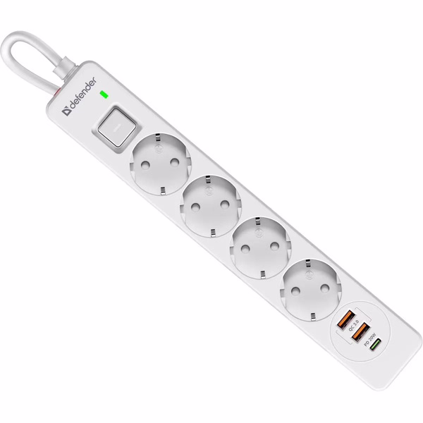 Defender Удлинитель с сетевым фильтром DFS 141, белый, 4розетки, USB+TypeC, 1.5 м.
