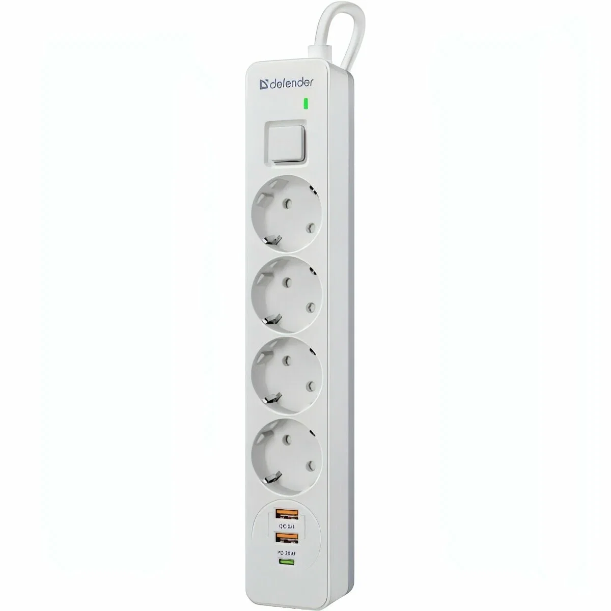 Defender Удлинитель с сетевым фильтром DFS 143, белый, 4розетки, USB+TypeC, 3 м.