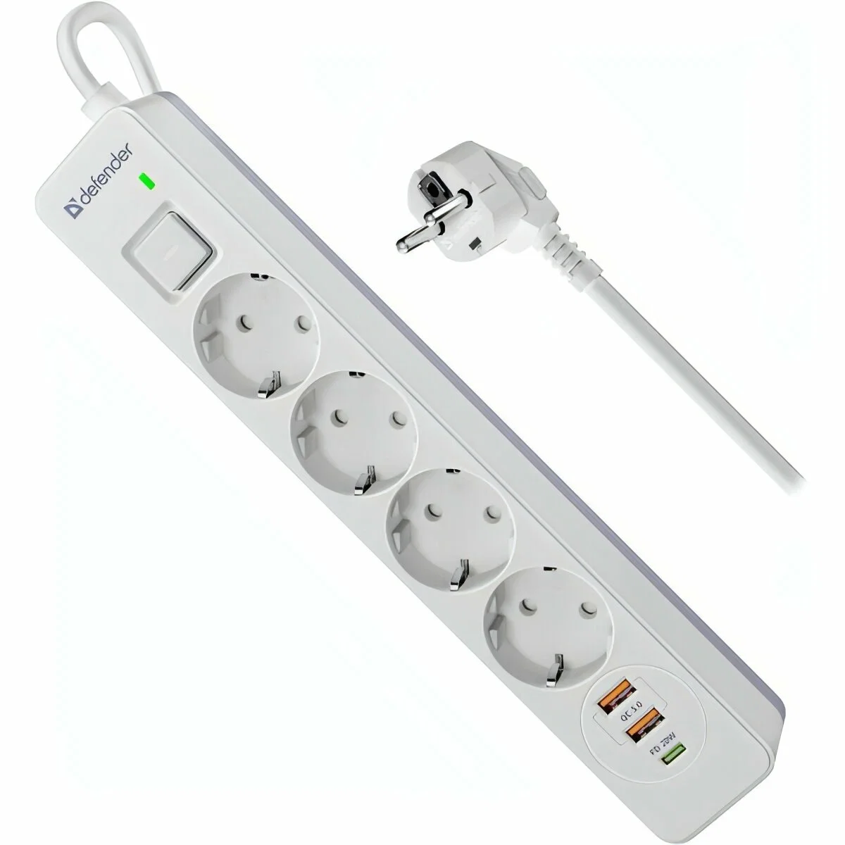 Defender Удлинитель с сетевым фильтром DFS 143, белый, 4розетки, USB+TypeC, 3 м.