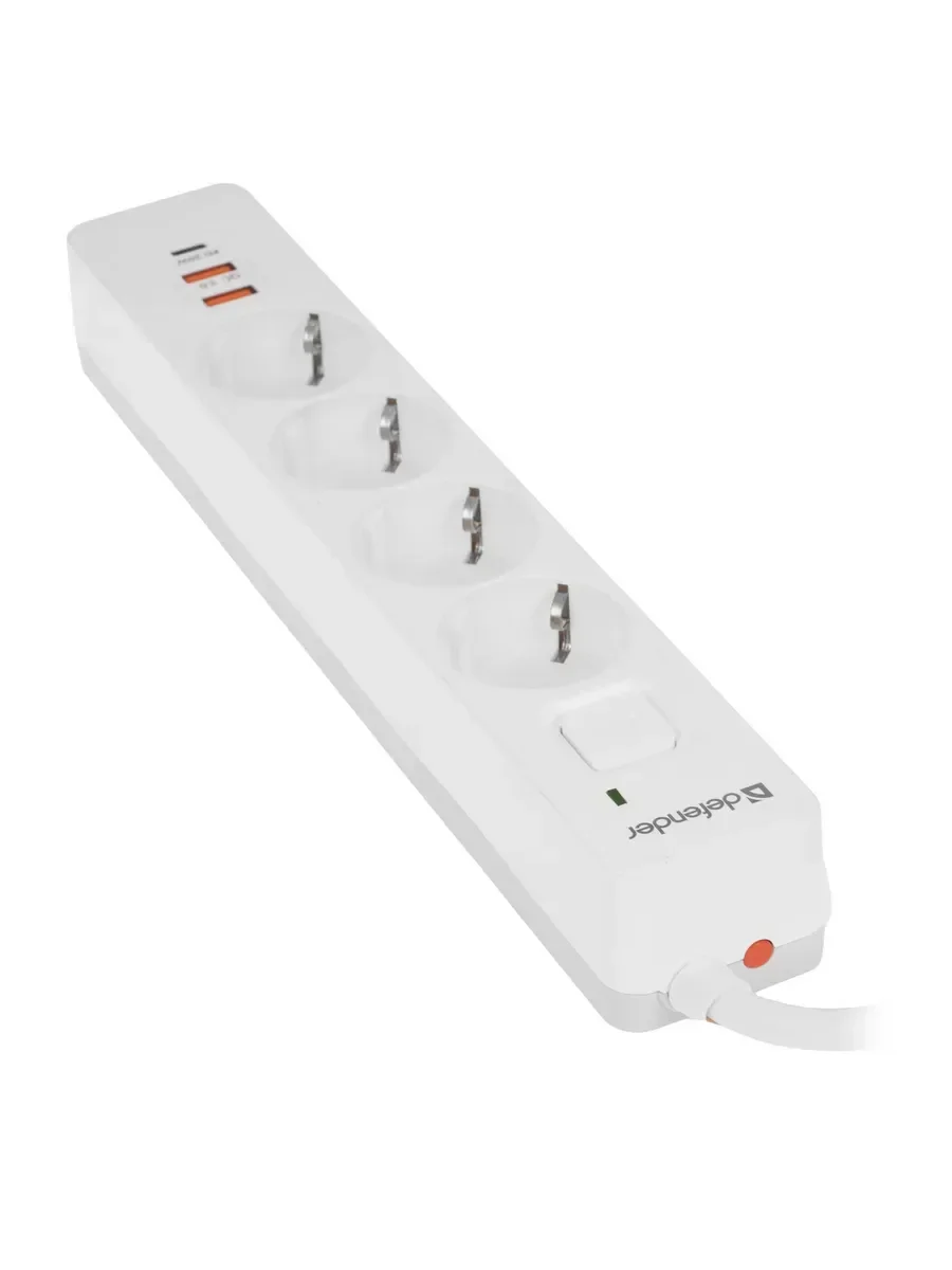 Defender Удлинитель с сетевым фильтром DFS 143, белый, 4розетки, USB+TypeC, 3 м.