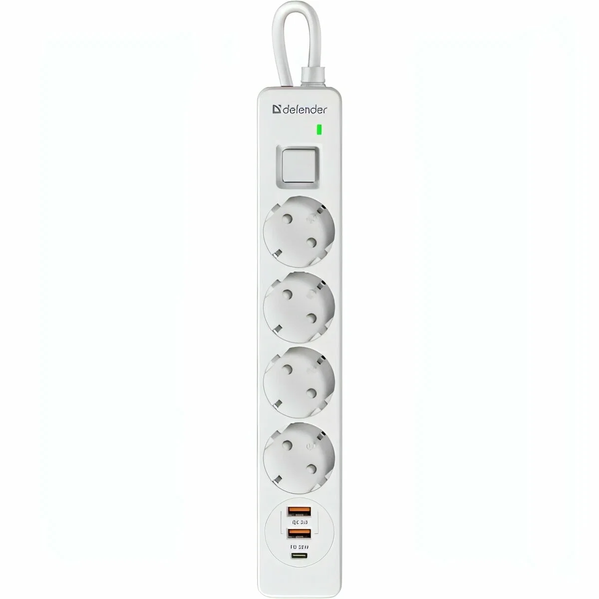 Defender Удлинитель с сетевым фильтром DFS 145, белый, 4розетки, USB+TypeC, 5 м.