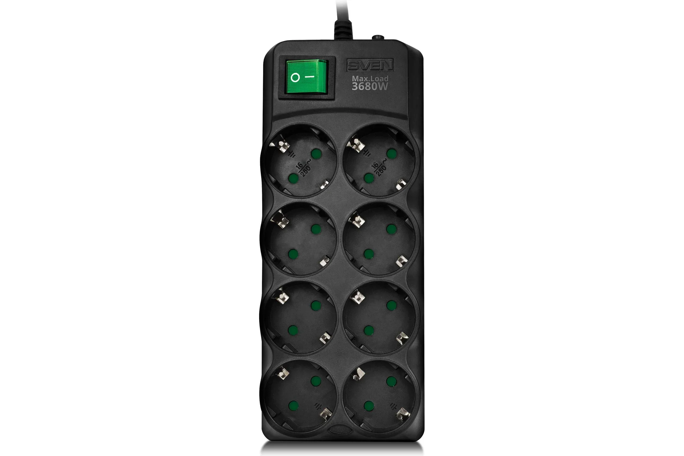 SVEN Фильтр SF-08E-16 5,0 м (8 розеток с защитными шторками,16А) черный, цветная коробка.