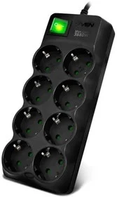 SVEN Фильтр SF-08E-16 5,0 м (8 розеток с защитными шторками,16А) черный, цветная коробка.