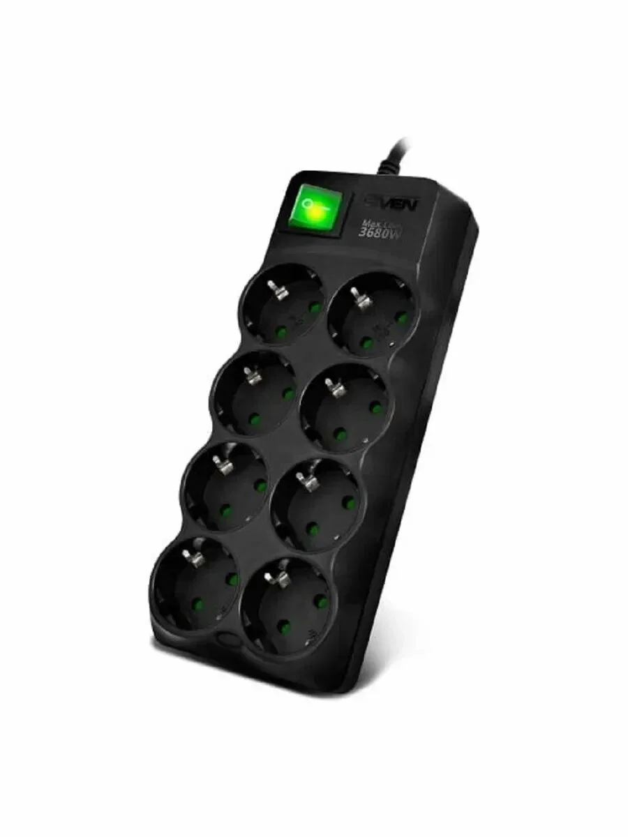 SVEN Фильтр SF-08E-16 5,0 м (8 розеток с защитными шторками,16А) черный, цветная коробка.