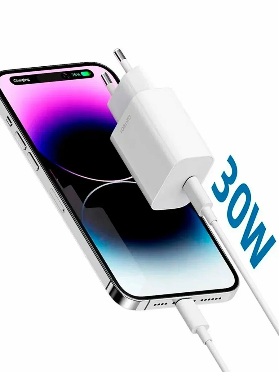 Зарядное устройство Cuktech GaN 1xType-C, 30Вт, QC 3.0, PD3.0, charger 3A подходит для iPhone15 (A18/A18C White) EU+русская инструкция, белое