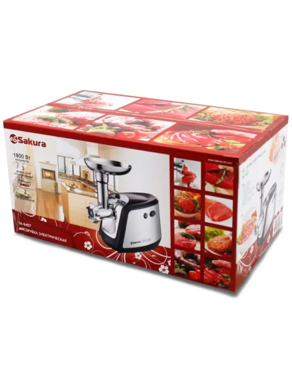 Мясорубка электрическая Sakura SA-6407 серый, 1800 Вт, 2.0 кг/мин, реверс, защита от перегрузки, металлический лоток, насадки - 5
