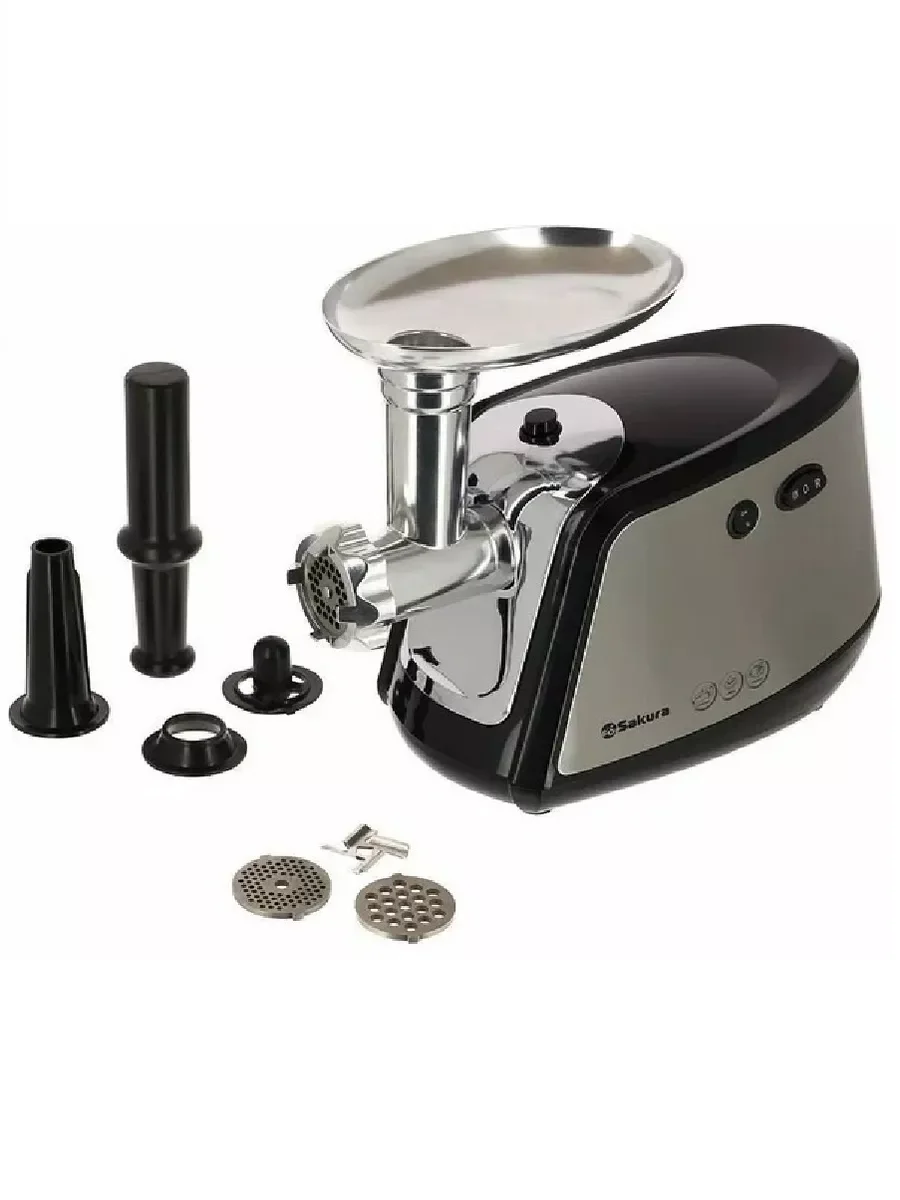 Мясорубка электрическая Sakura SA-6407 серый, 1800 Вт, 2.0 кг/мин, реверс, защита от перегрузки, металлический лоток, насадки - 5