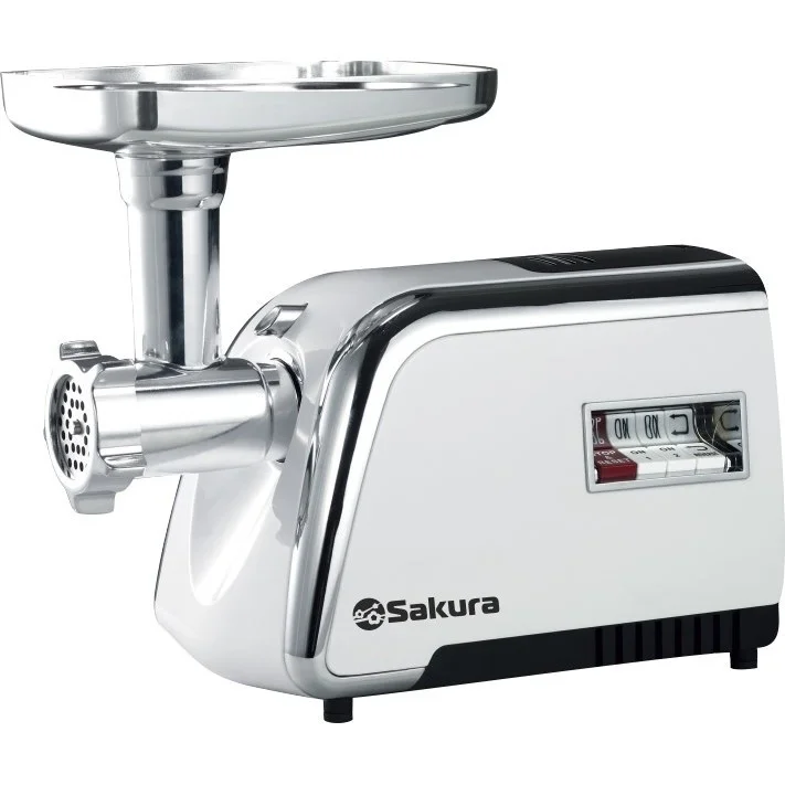 Мясорубка электрическая Sakura SA-6411 Professional Мощность 1800Вт. Материал корпуса металл. Материал лотка: металл. Функция реверс. Насадки: 3 насад