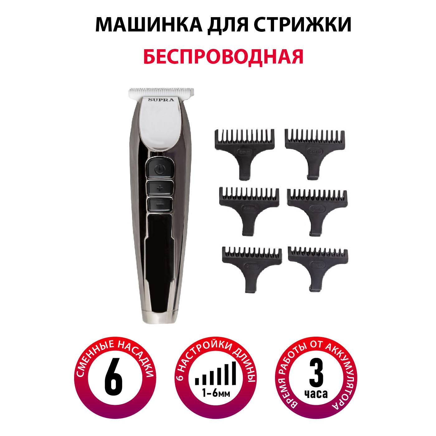 Машинки для стрижки SUPRA HCS-145 аккумулятор до 180 мин, от 1 до 6 мм