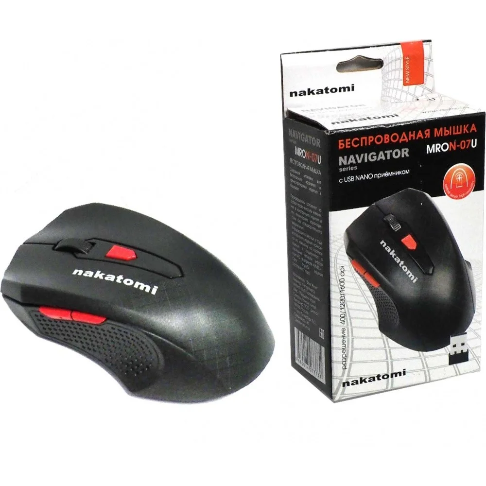 Мышь беспроводная Nakatomi MRON-07U черный, 1600 dpi, радиоканал, USB, кнопки - 5