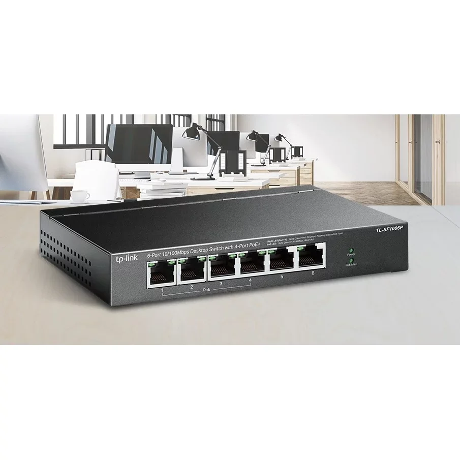 TP-Link TL-SF1006P 6-портовый настольный коммутатор 10/100 Мбит/с с 4 портами PoE+, стальной корпус