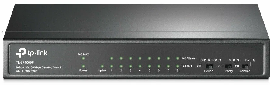 TP-Link TL-SF1009P 9-портовый настольный 10/100 Мбит/с коммутатор с 8 портами PoE+, стальной корпус