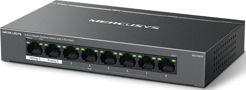 Mercusys MS108GP Настольный коммутатор с 8 гигабитными портами (7 портов PoE+)