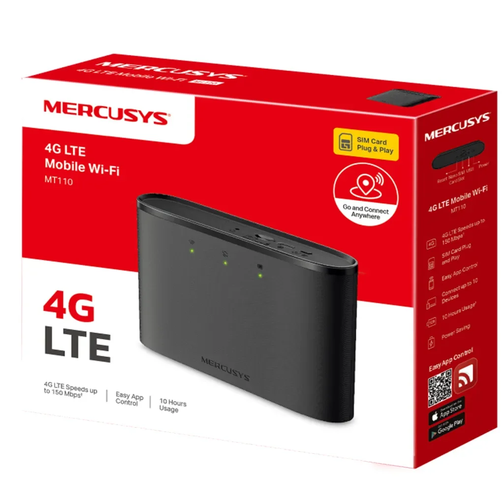 Mercusys MT110 Мобильный Wi-Fi роутер N150 с поддержкой 4G LTE, до 150 Мбит/с на 2,4 ГГц, модем 4G LTE до 150 Мбит/с