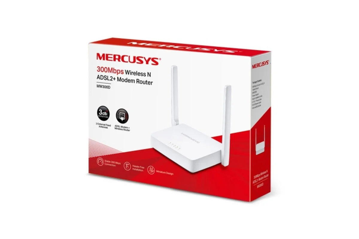 Mercusys MW300D Wi-Fi роутер с ADSL2+ модемом N300, до 300 Мбит/с на 2,4 ГГц, LAN 3x10/100 Мбит/с, порт RJ11, 2 антенны