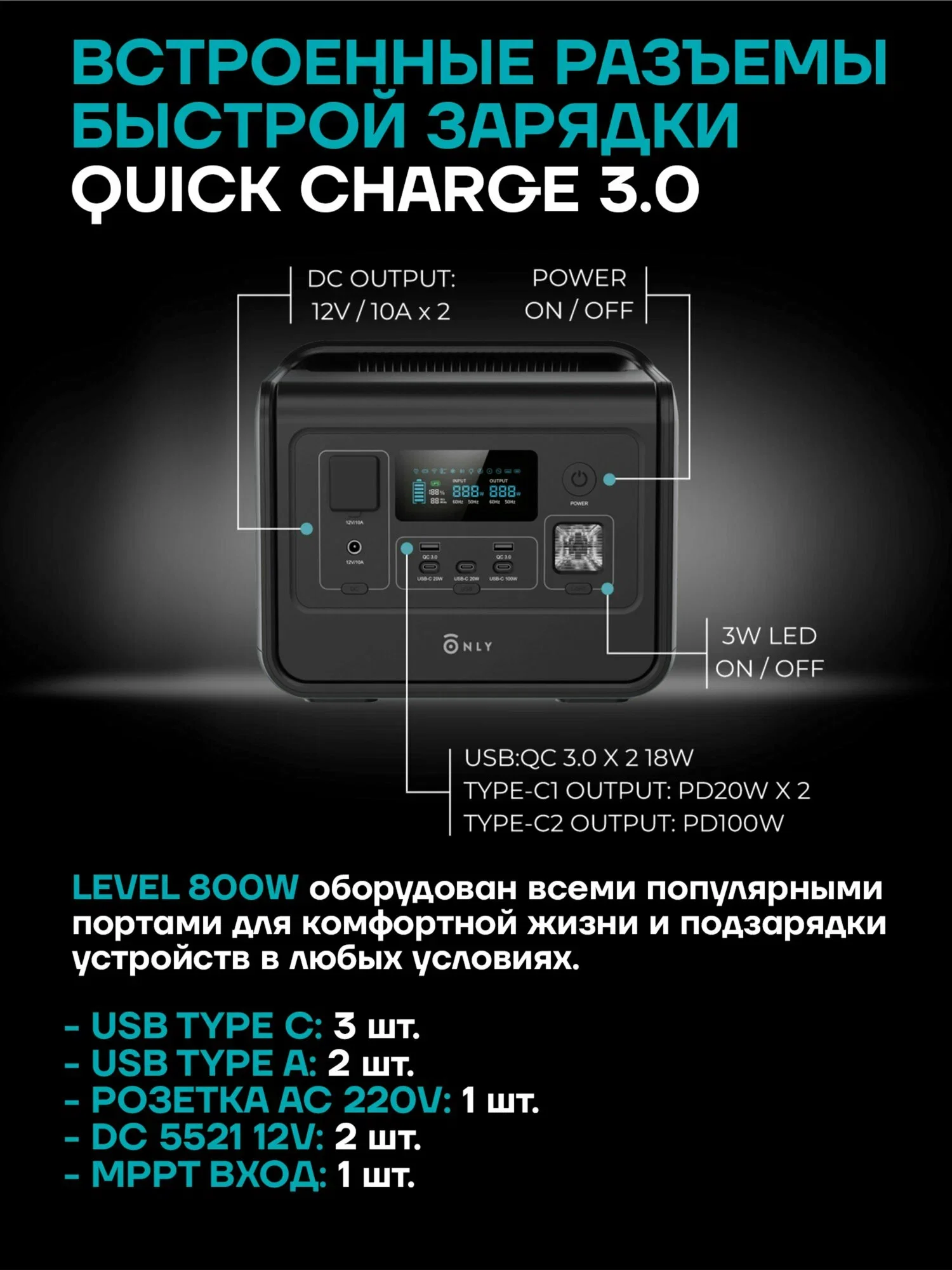 Портативная станция 800Вт, 160000 емкость, 120 мин