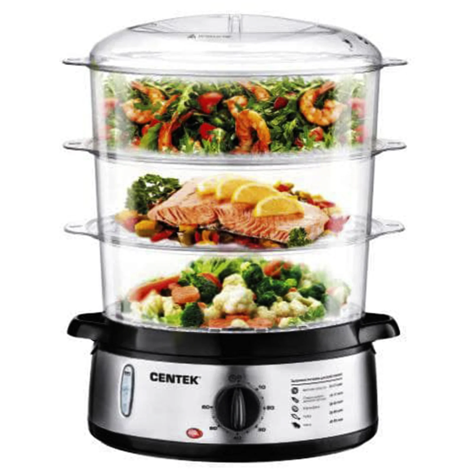 Пароварка электрическая Centek CT-1457 9л 800Вт, стальной корпус, таймер 60 мин, 3 контейнера
