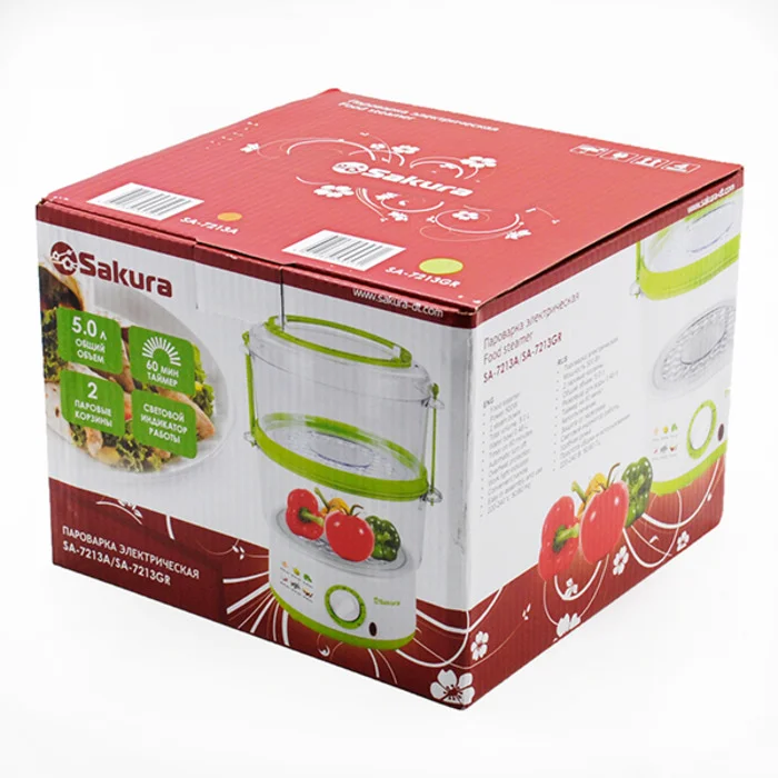 Пароварка электрическая Sakura SA-7213GR 2ч (5,0л) 500Вт бел/зел