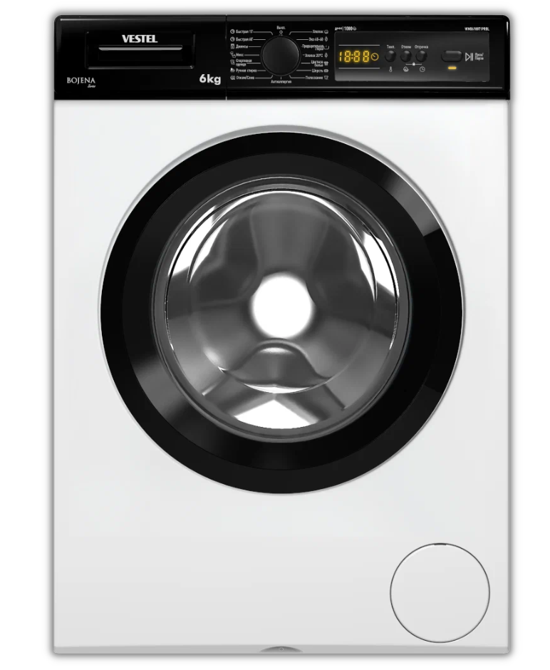 Стиральная машина VESTEL Bojena WMB 6100 T1PRBL белая,6кг,1000об,черный люк,с дисп 59.7x84.5x41.6