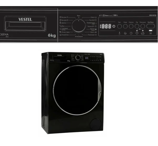 Стиральная машина VESTEL Bojena WMS 6100 T2S темно-серебристая,6кг,1000об,черный люк 597x416x845