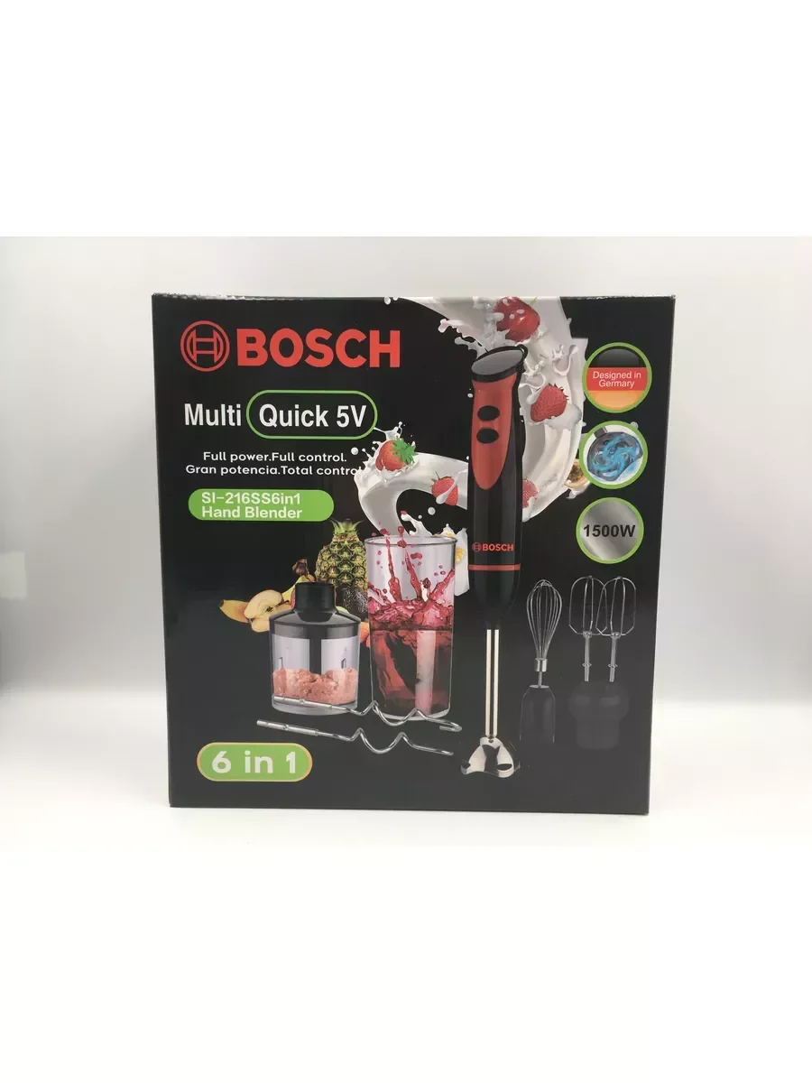 Блендер погружной Bosch SI-216SS5in1, 5в1, 600–800Вт, 2 скорости, стакан 0,6л, измел 0,5л