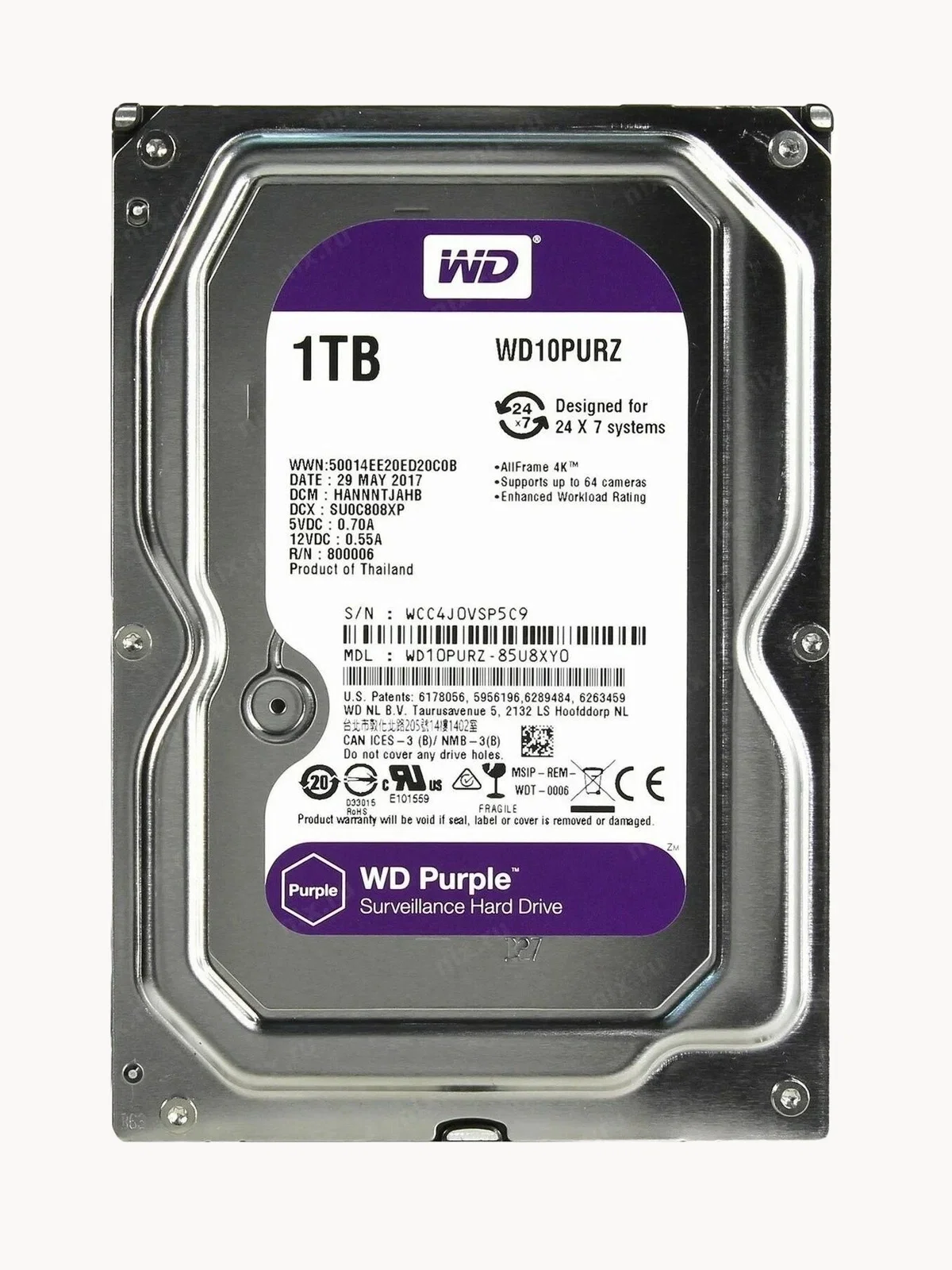 Жесткий диск WD SATA-III 1Tb WD10PURZ Surveillance Purple (5400rpm) 64Mb 3.5"