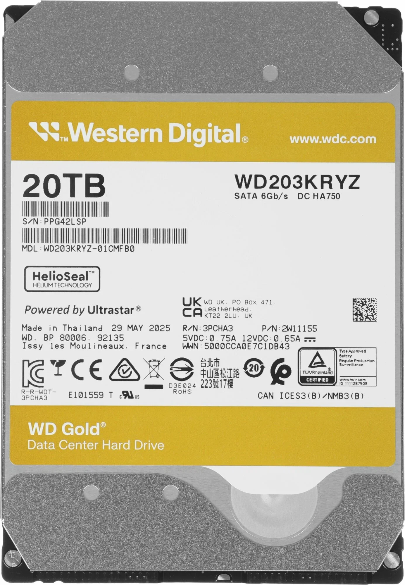 Жесткий диск WD SATA-III 20TB WD202KRYZ Server Gold 512E (7200rpm) 512Mb 3.5"