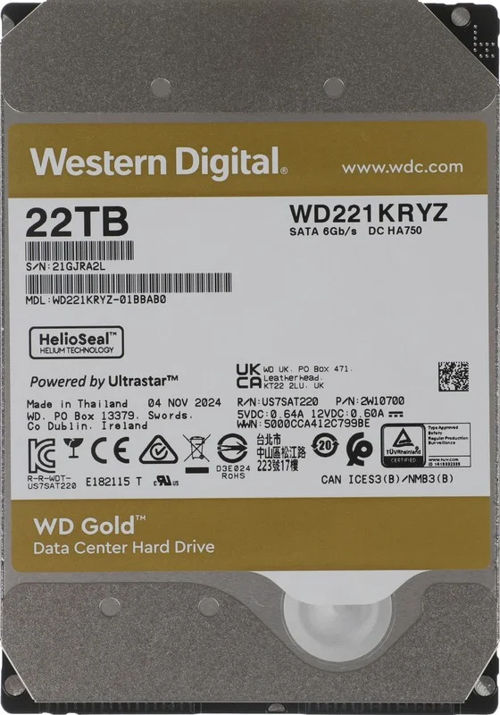 Жесткий диск WD SATA-III 22TB WD221KRYZ Server Gold 512E (7200rpm) 512Mb 3.5"