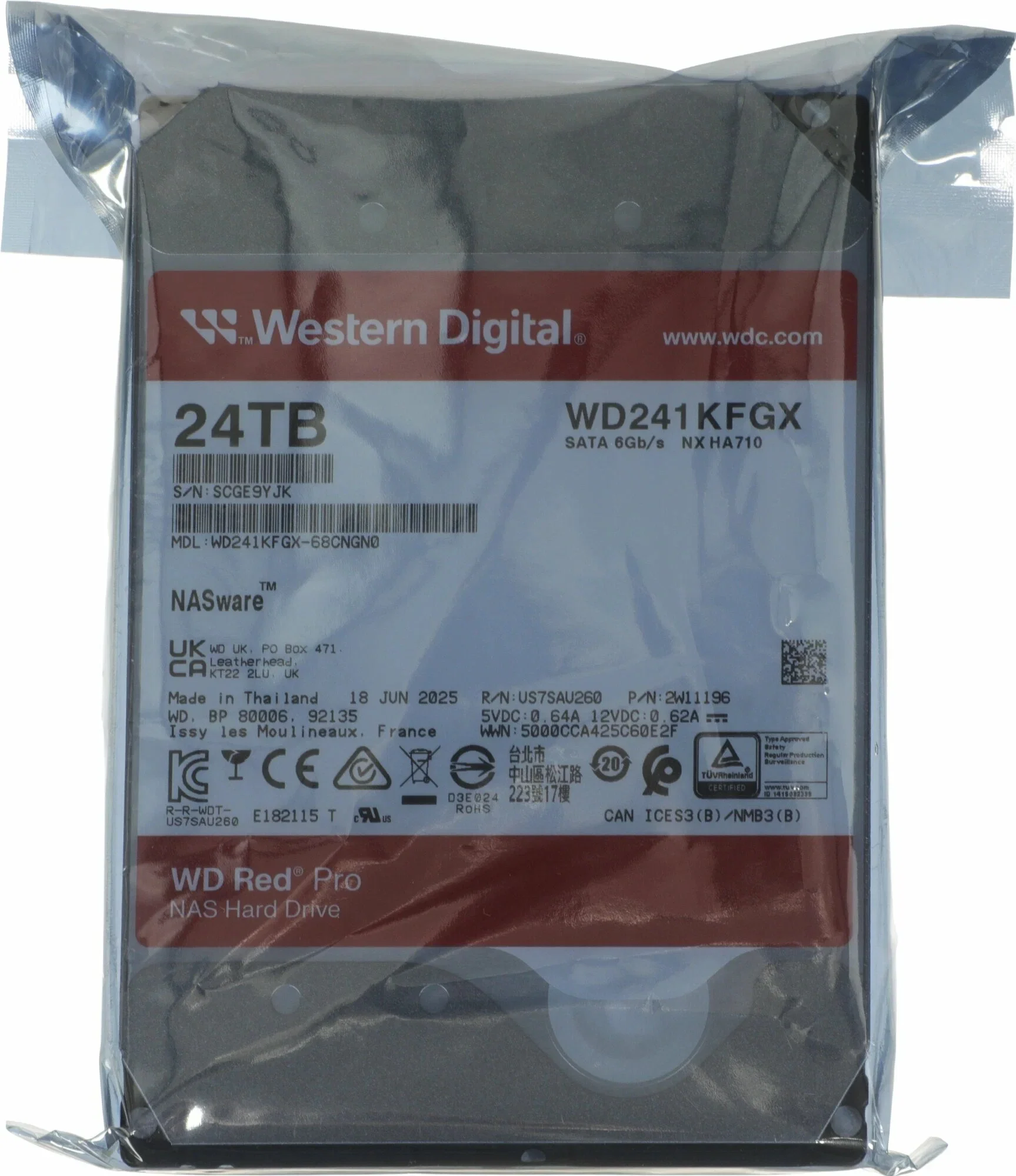 Жесткий диск WD SATA-III 24TB WD241KFGX NAS Red Pro (7200rpm) 512Mb 3.5"
