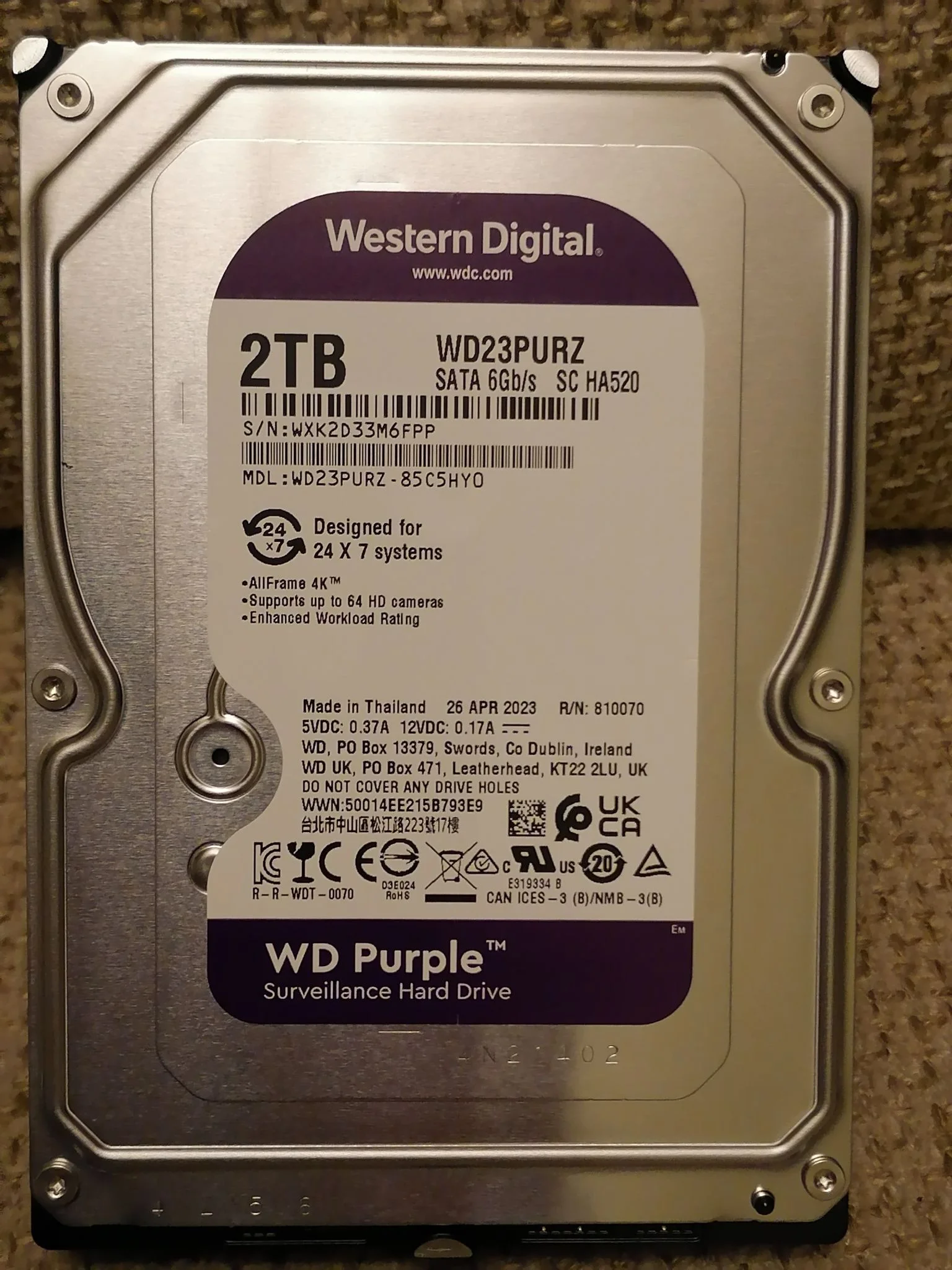 Жесткий диск WD SATA-III 2TB WD23PURZ Surveillance Purple (5400rpm) 64Mb 3.5"