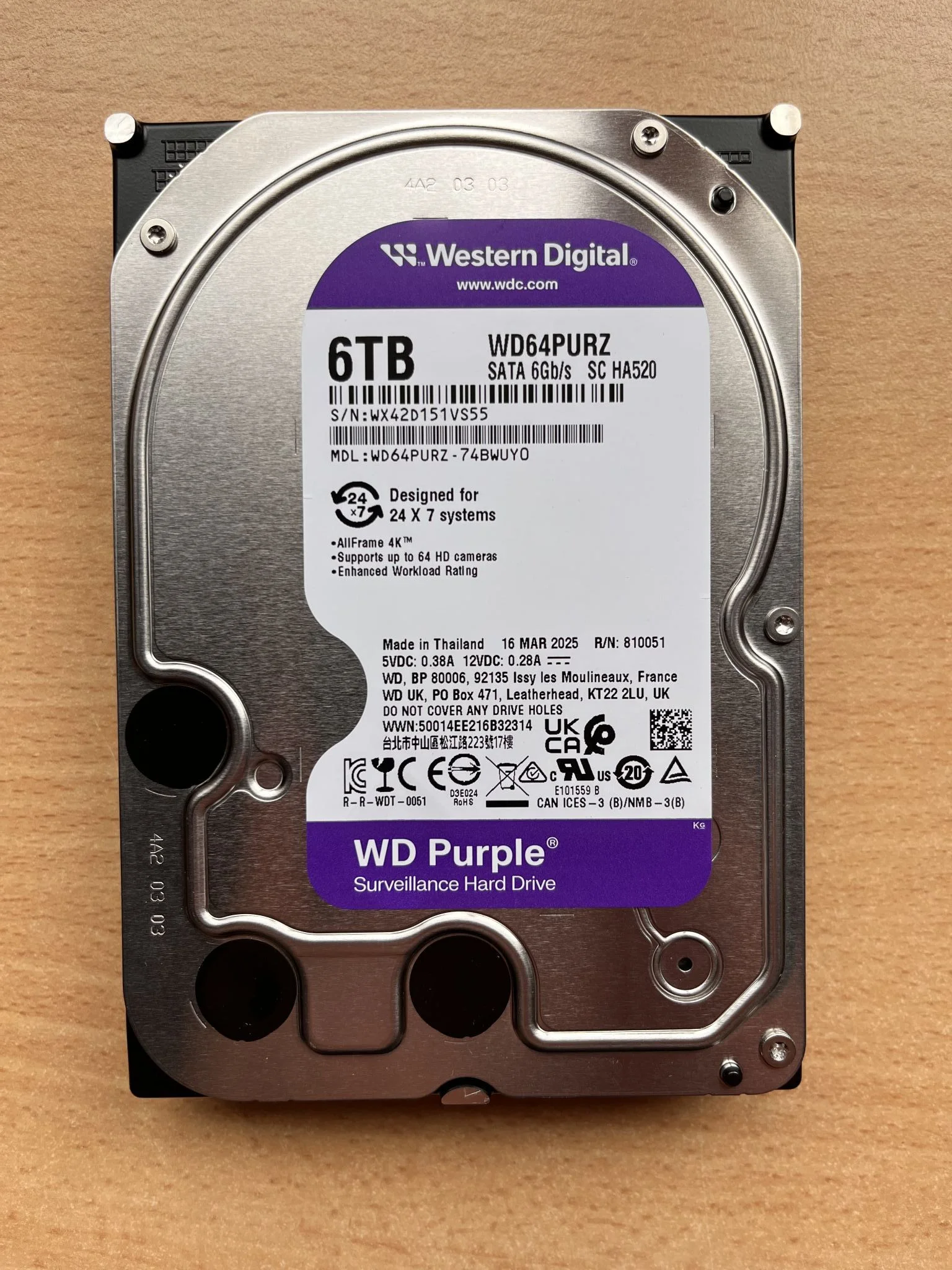 Жесткий диск WD SATA-III 6TB WD64PURZ Surveillance Purple (5400rpm) 256Mb 3.5"
