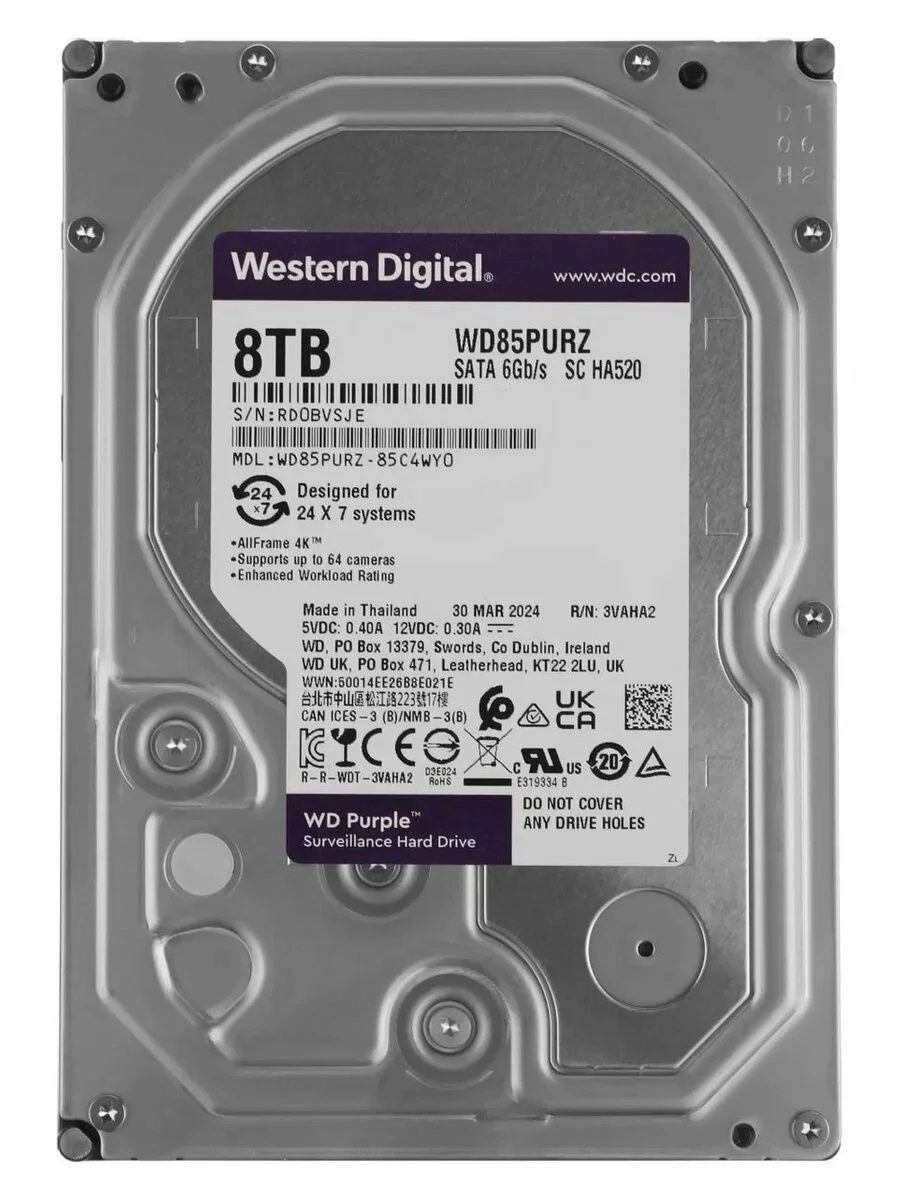 Жесткий диск WD SATA-III 8TB WD85PURZ Surveillance Purple (5640rpm) 256Mb 3.5"