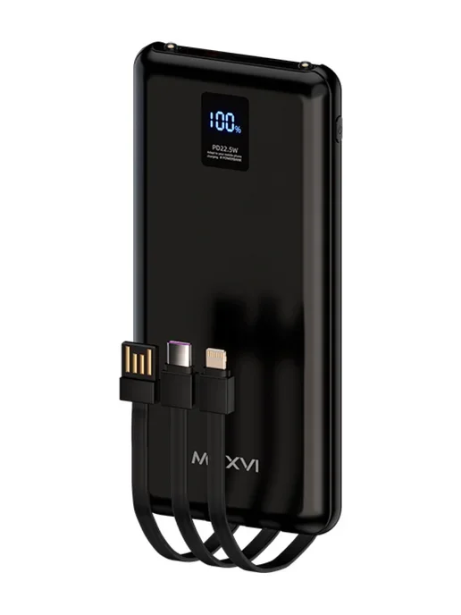 Внешний аккумулятор Maxvi PB10-11 10000 мАч blue 3A, встроенные кабели USB A/Type-C/Lightning