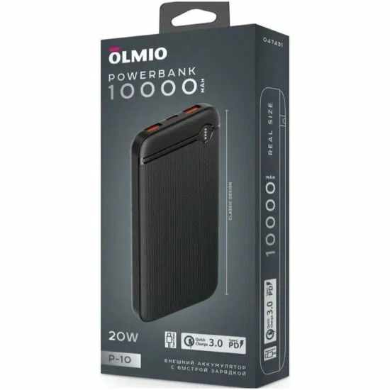 Внешний аккумулятор OLMIO P-10, 10000mAh, 20W, QuickCharge3.0/PowerDelivery, черный