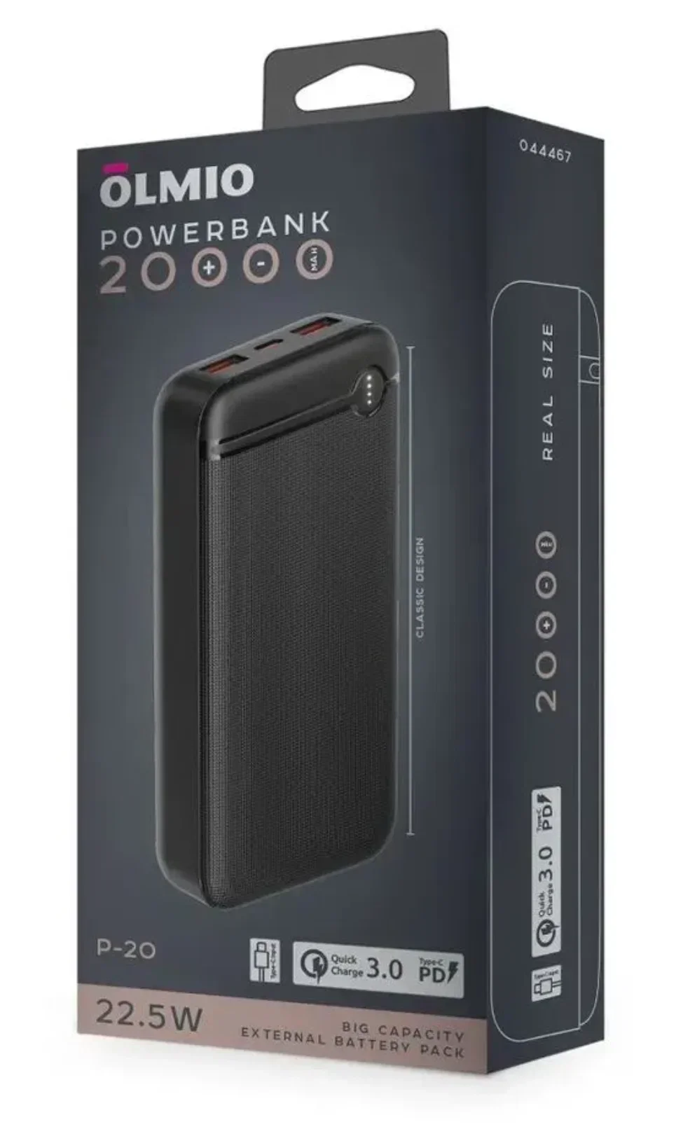 Внешний аккумулятор OLMIO P-20, 20000mAh, 20W, QuickCharge3.0/PowerDelivery, черный