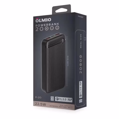 Внешний аккумулятор OLMIO P-20, 20000mAh, 20W, QuickCharge3.0/PowerDelivery, черный